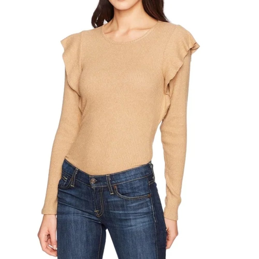 LUCKY BRAND Women's Size Large Tan Long Sleeve Ribbed Ruffle Trim Knit Shirt Top